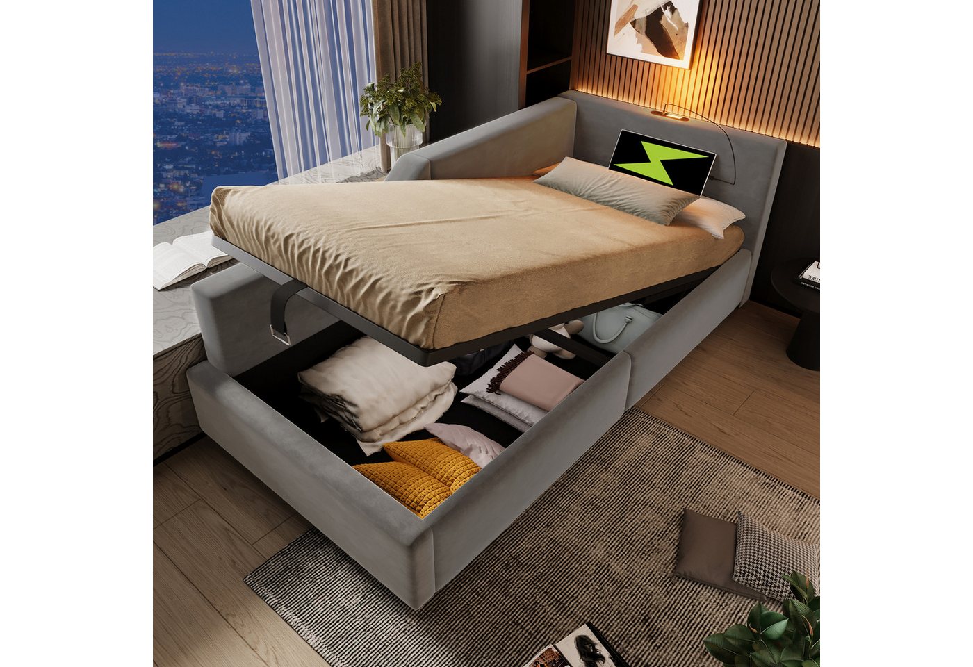 TavilaEcon Boxspringbett mit Leselichtfunktion und USB Ladefunktion (90×190/90×200cm), mit Lattenrost aus Holz, Samt, grau von TavilaEcon