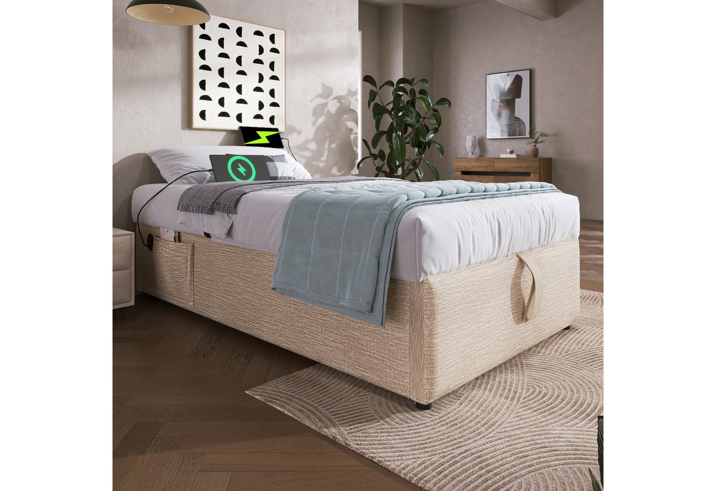 TavilaEcon Boxspringbett mit USB- C und Vollflächiger Lattenrost, ohne Kopfteil, 90×190/140×200/160×200/90×200cm, Metall + Leinen + Massivholz, beige TavilaEcon Boxspringbett mit USB- C und Vollflächiger Lattenrost, ohne Kopfteil, 90×190/140×200/160×200/90×200cm, Metall + Leinen + Massivholz, beige von TavilaEcon