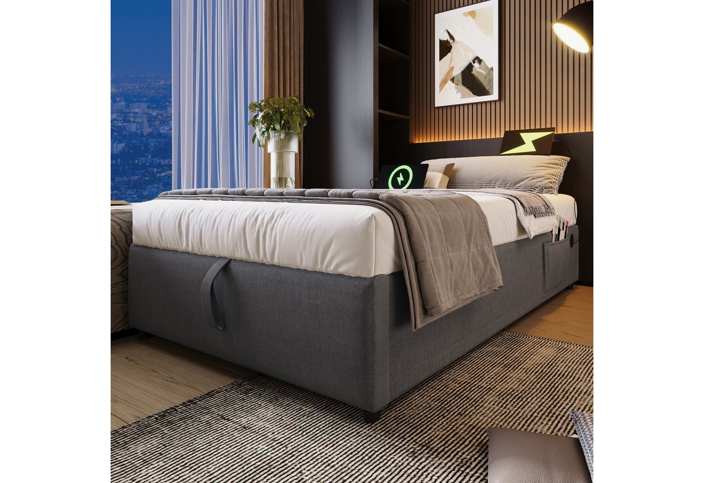 TavilaEcon Boxspringbett mit USB- C und Vollflächiger Lattenrost, ohne Kopfteil, 90×190/140×200/160×200/90×200cm, Metall + Leinen + Massivholz, grau TavilaEcon Boxspringbett mit USB- C und Vollflächiger Lattenrost, ohne Kopfteil, 90×190/140×200/160×200/90×200cm, Metall + Leinen + Massivholz, grau von TavilaEcon