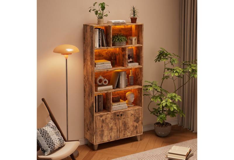 TavilaEcon Bücherregal mit LED-Farbwechsel-Ambientelicht/Fernbedienung, Beine aus Massivholz, 4 Ebenen mit offenem Stauraum & 7 Staufächern, 80 x 30 x 173 cm von TavilaEcon