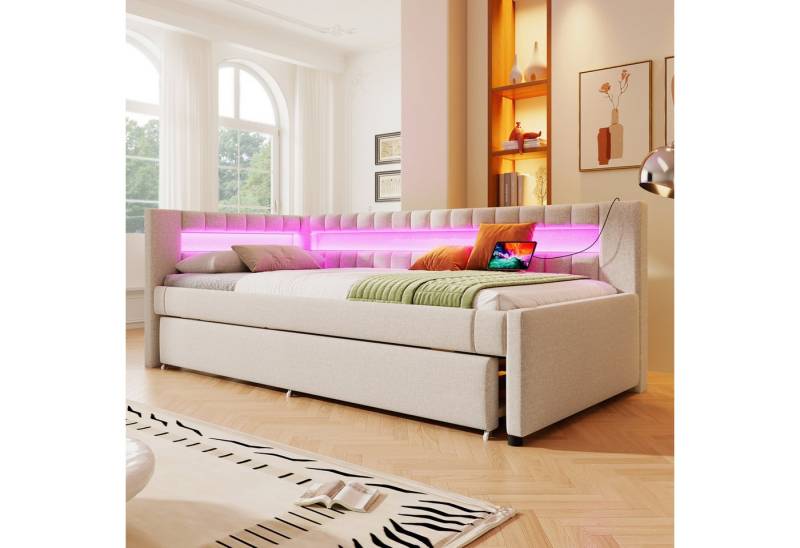TavilaEcon Daybett aus Leinen und MDF, mit USB- und TYPE-C-Anschlüssen, 7-farbige LED-Lichtleisten mit Fernbedienung von TavilaEcon