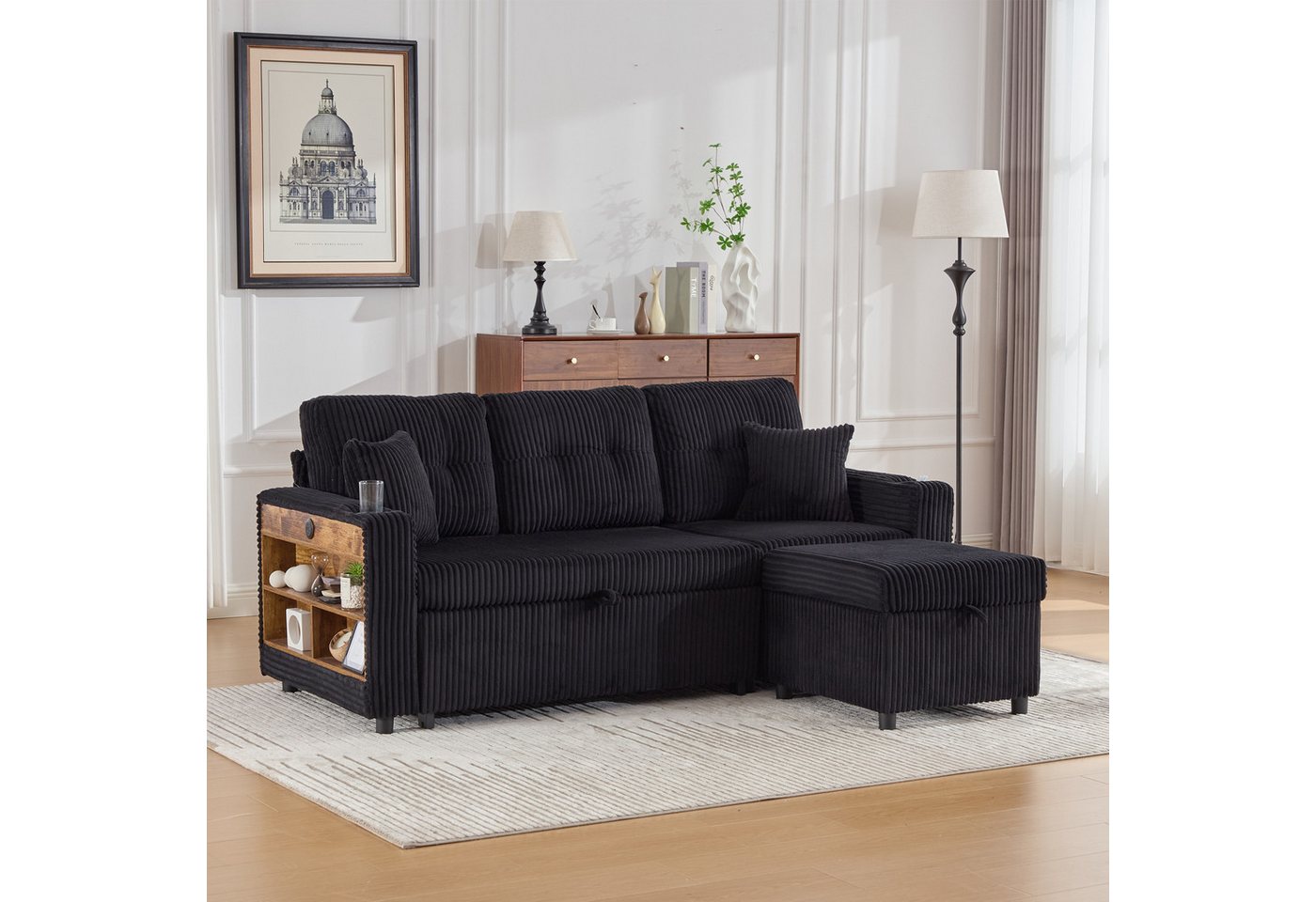 TavilaEcon Ecksofa Mehrfunktionales Cord-Sofa mit Stauraum & Ausziehbett, 1 Teile, mit USB-C, LED-Beleuchtung und Getränkehaltern von TavilaEcon