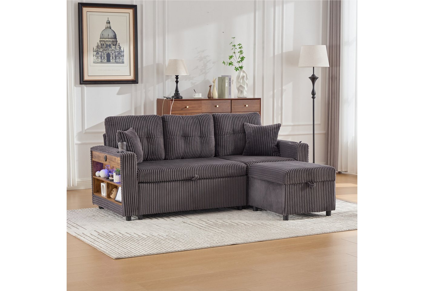 TavilaEcon Ecksofa Mehrfunktionales Cord-Sofa mit Stauraum & Ausziehbett, 1 Teile, mit USB-C, LED-Beleuchtung und Getränkehaltern von TavilaEcon