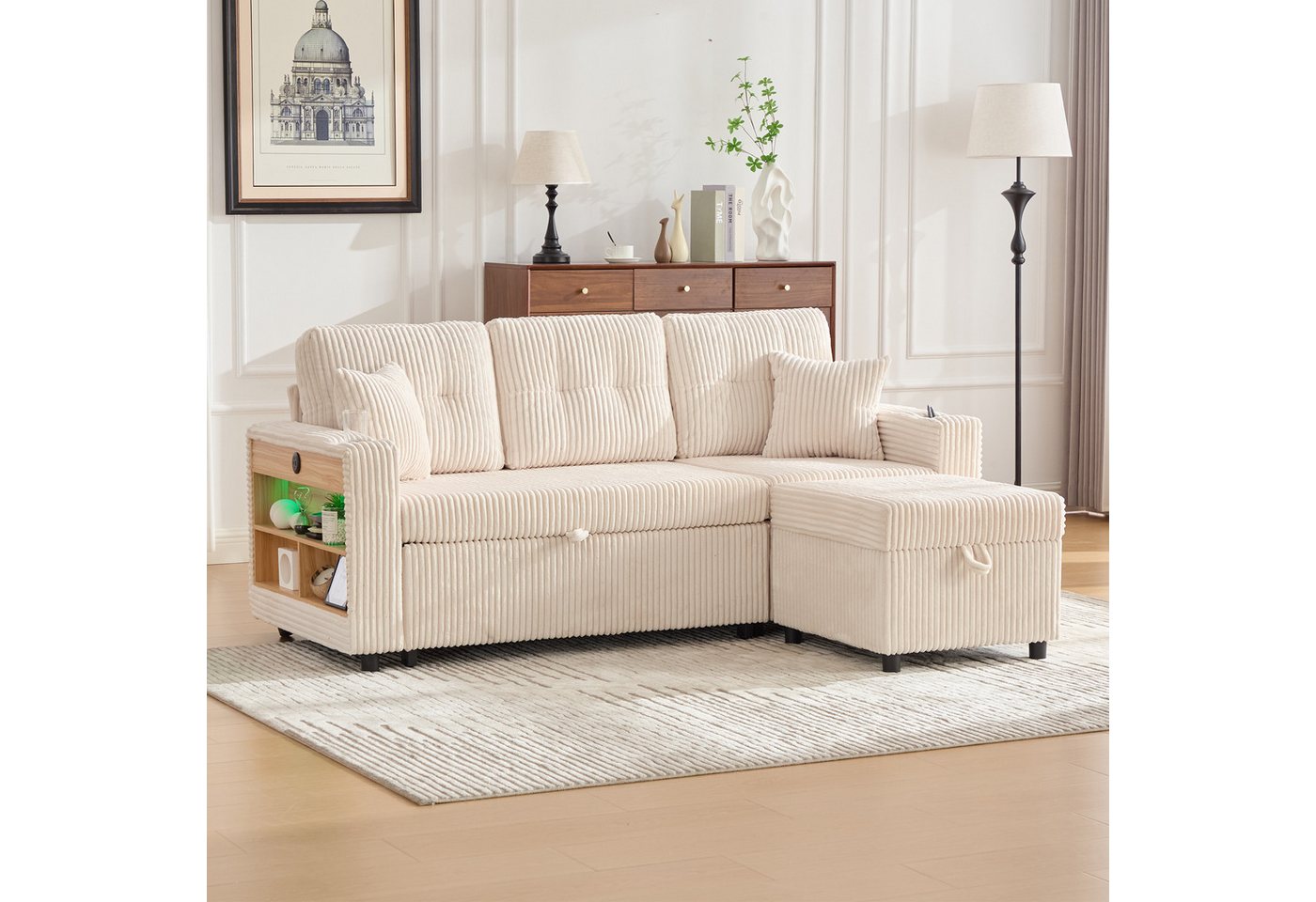 TavilaEcon Ecksofa Mehrfunktionales Cord-Sofa mit Stauraum & Ausziehbett, 1 Teile, mit USB-C, LED-Beleuchtung und Getränkehaltern von TavilaEcon