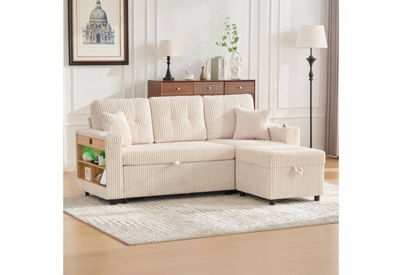 TavilaEcon Ecksofa Mehrfunktionales Cord-Sofa mit Stauraum & Ausziehbett, 1 Teile, mit USB-C, LED-Beleuchtung und Getränkehaltern von TavilaEcon