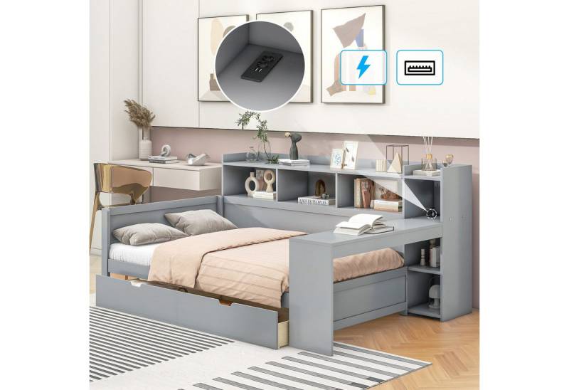 TavilaEcon Stauraumbett mit Steckdose, USB-Anschluss, 2 Schubladen und Schreibtisch, ohne Matratze, Spanplatte, 90 x 200 cm, grau von TavilaEcon