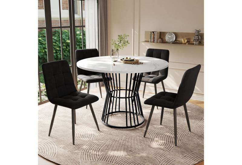 TavilaEcon Essgruppe Esstisch-Set mit schwarzen Metallbeinen und weißer MDF-Tischplatte, (5-tlg., 1 Tisch und 4 Stühle), runder Esstisch mit 100 cm Durchmesser von TavilaEcon