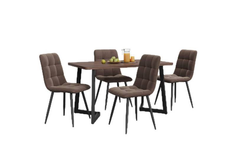 TavilaEcon Essgruppe Esstisch mit 4 Stühlen Set, Bequeme Esszimmergarnitur, (ergonomische Stühle mit samtweichen Polstern und stabilen Metallbeinen, 5-tlg), Klassischer Nussbaumtisch aus MDF mit geometrischem Design von TavilaEcon