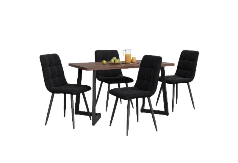 TavilaEcon Essgruppe Esstisch mit 4 Stühlen Set, Bequeme Esszimmergarnitur, (ergonomische Stühle mit samtweichen Polstern und stabilen Metallbeinen, 5-tlg), Klassischer Nussbaumtisch aus MDF mit geometrischem Design von TavilaEcon