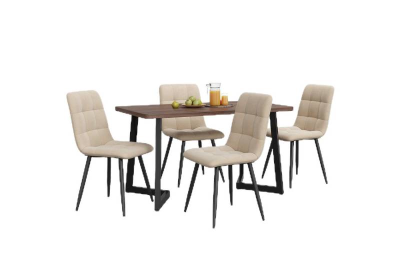 TavilaEcon Essgruppe Esstisch mit 4 Stühlen Set, Bequeme Esszimmergarnitur, (ergonomische Stühle mit samtweichen Polstern und stabilen Metallbeinen, 5-tlg), Klassischer Nussbaumtisch aus MDF mit geometrischem Design von TavilaEcon