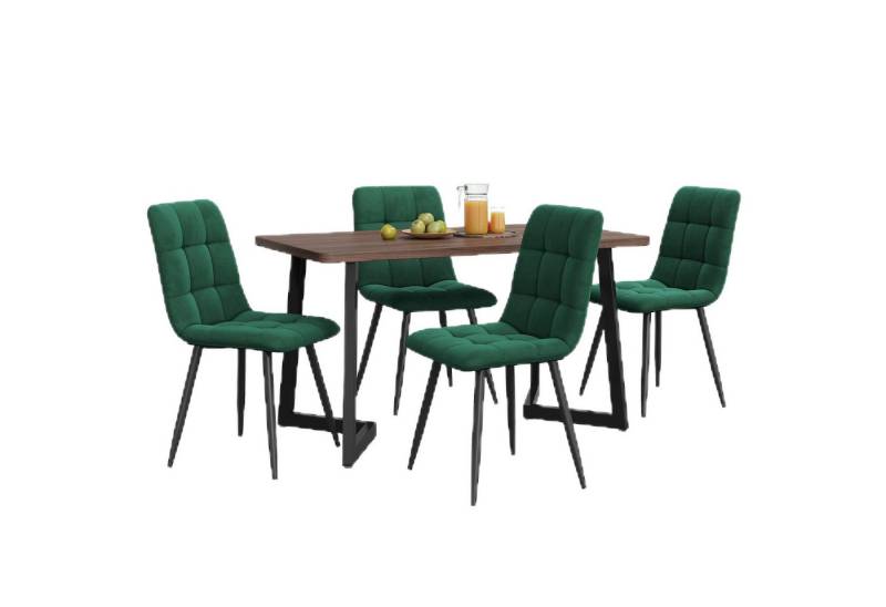 TavilaEcon Essgruppe Esstisch mit 4 Stühlen Set, Bequeme Esszimmergarnitur, (ergonomische Stühle mit samtweichen Polstern und stabilen Metallbeinen, 5-tlg), Klassischer Nussbaumtisch aus MDF mit geometrischem Design von TavilaEcon