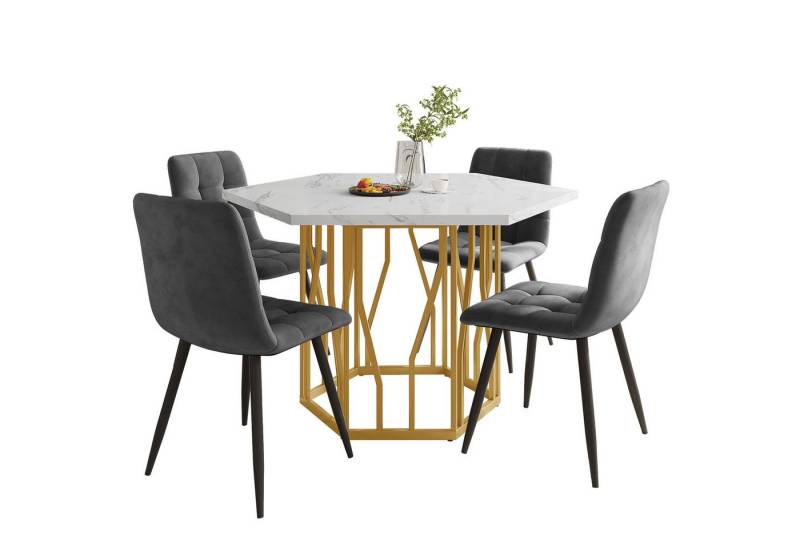 TavilaEcon Essgruppe Modernes, schlichtes Esstisch- und Stuhlset aus Marmor, (5-tlg., 1 Tisch und 4 Stühle), Goldene Metallbeine aus Metall, Ergonomische Stühle von TavilaEcon