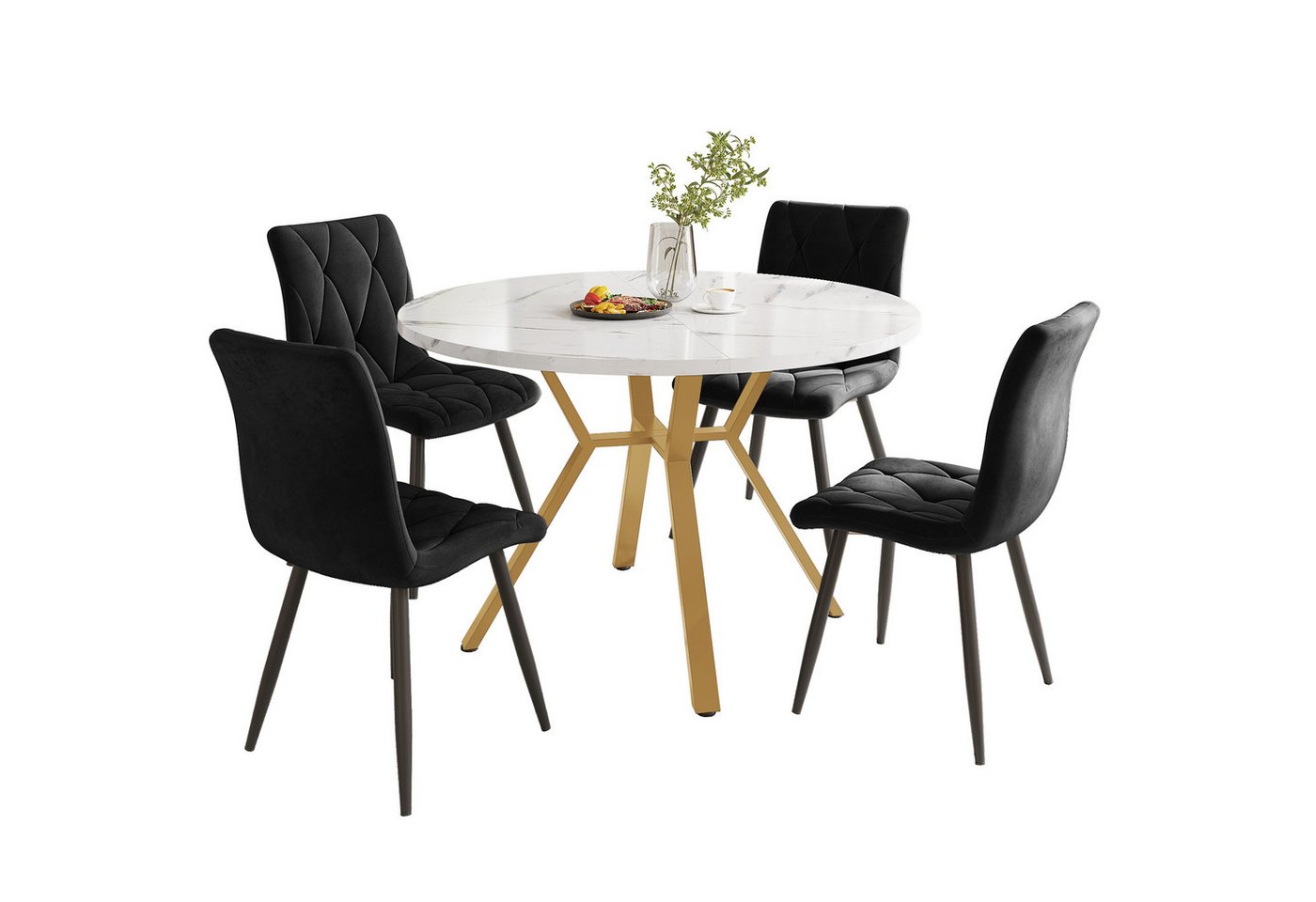 TavilaEcon Essgruppe Modernes, schlichtes Esstisch- und Stuhlset aus Marmor, (5-tlg., 1 Tisch und 4 Stühle), Goldene Metallbeine aus Metall, Ergonomische Stühle von TavilaEcon