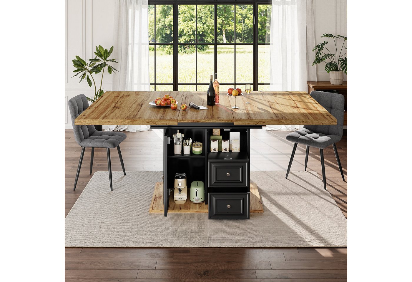 TavilaEcon Esstisch Ausziehbarer Esstisch aus Holz, mit 2 Schubladen und 1 Tür (1-St), mit Fach für optimalen Stauraum und Ordnung von TavilaEcon