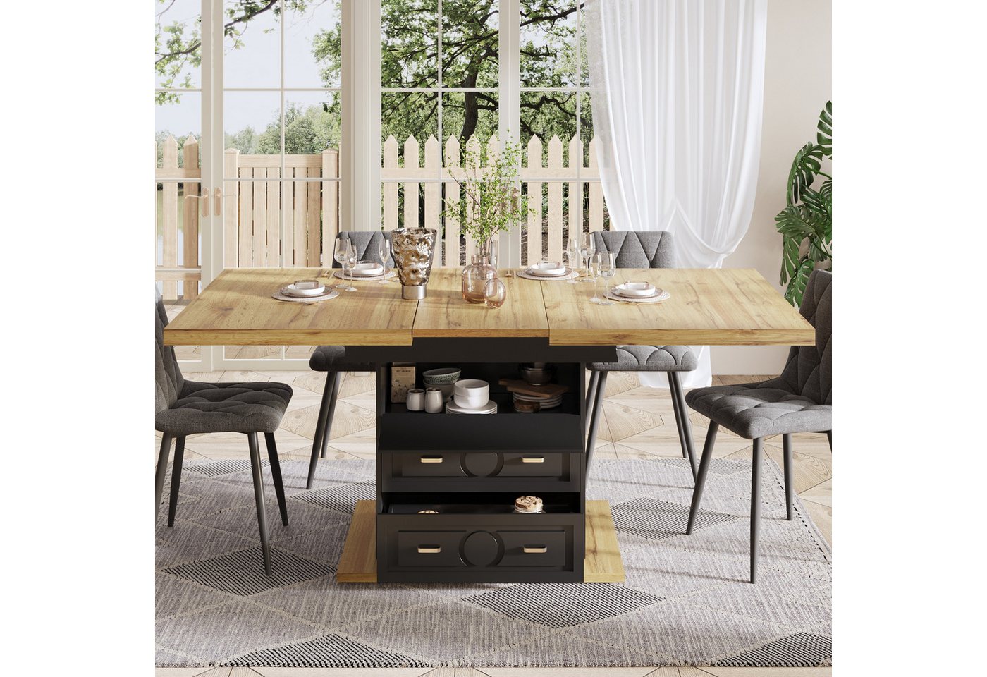 TavilaEcon Esstisch Ausziehbarer Esstisch mit flexible Maße und robuster Tischplatte (1-St), mit zwei Schubladen, 11O-140×80×75cm, schwarz+natur von TavilaEcon