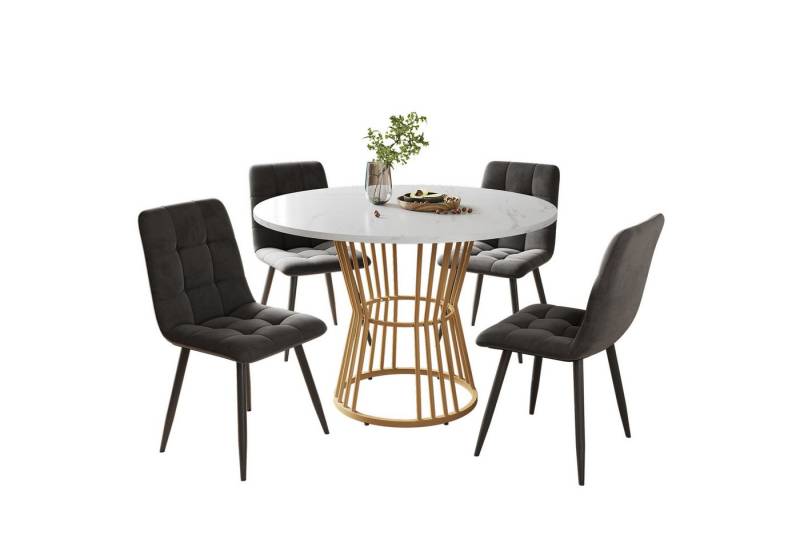 TavilaEcon Esstisch -Set mit 4 Stühlen, mit 100 cm Durchmesser und goldenen Metallbeinen, weiße MDF-Tischplatte, Esszimmerstühle aus Samt, grau von TavilaEcon