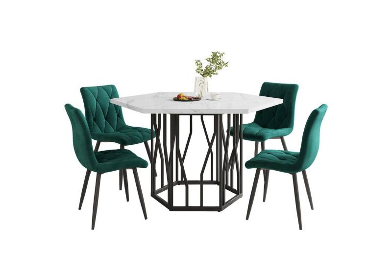 TavilaEcon Esstisch - und Stuhlset (5 Set), sechseckiger Marmor-Esstisch + 4 Stühle (5-St), 115,5 x 100 cm, 4 grüne Stühle von TavilaEcon