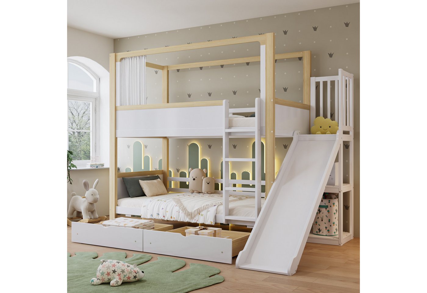 TavilaEcon Etagenbett Kinderbett, zwei Schubladen mit Rollen, mit Kinderrutsche (1-St), Oberes Bett mit einem Stoffvorhang, 90×200cm, Weiß+Natur von TavilaEcon