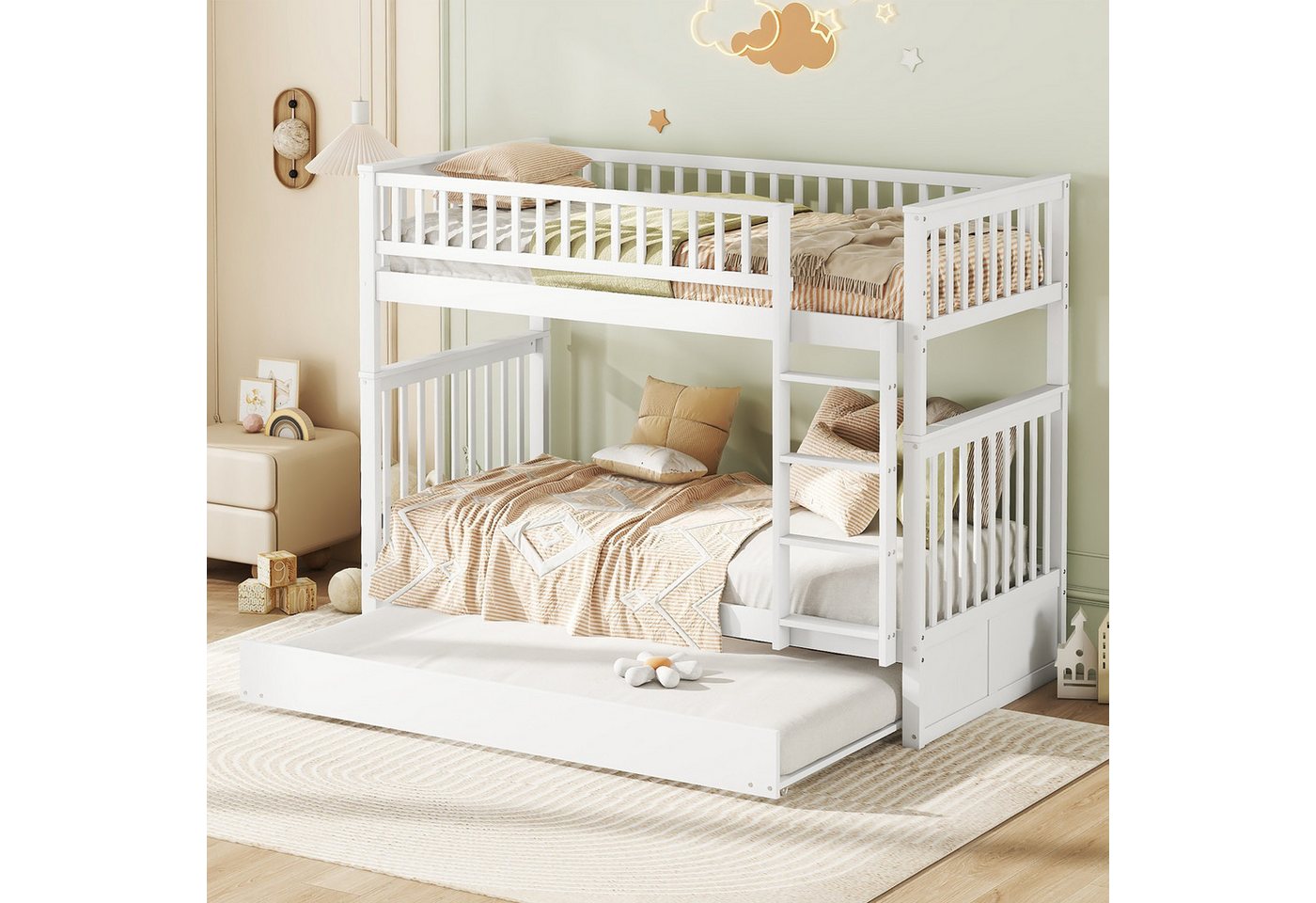 TavilaEcon Etagenbett Kinderbett, Dreierbetten mit hohen Geländern und stabiler Treppe, mit Ausziehbett, 90x190cm & 90×200cm von TavilaEcon