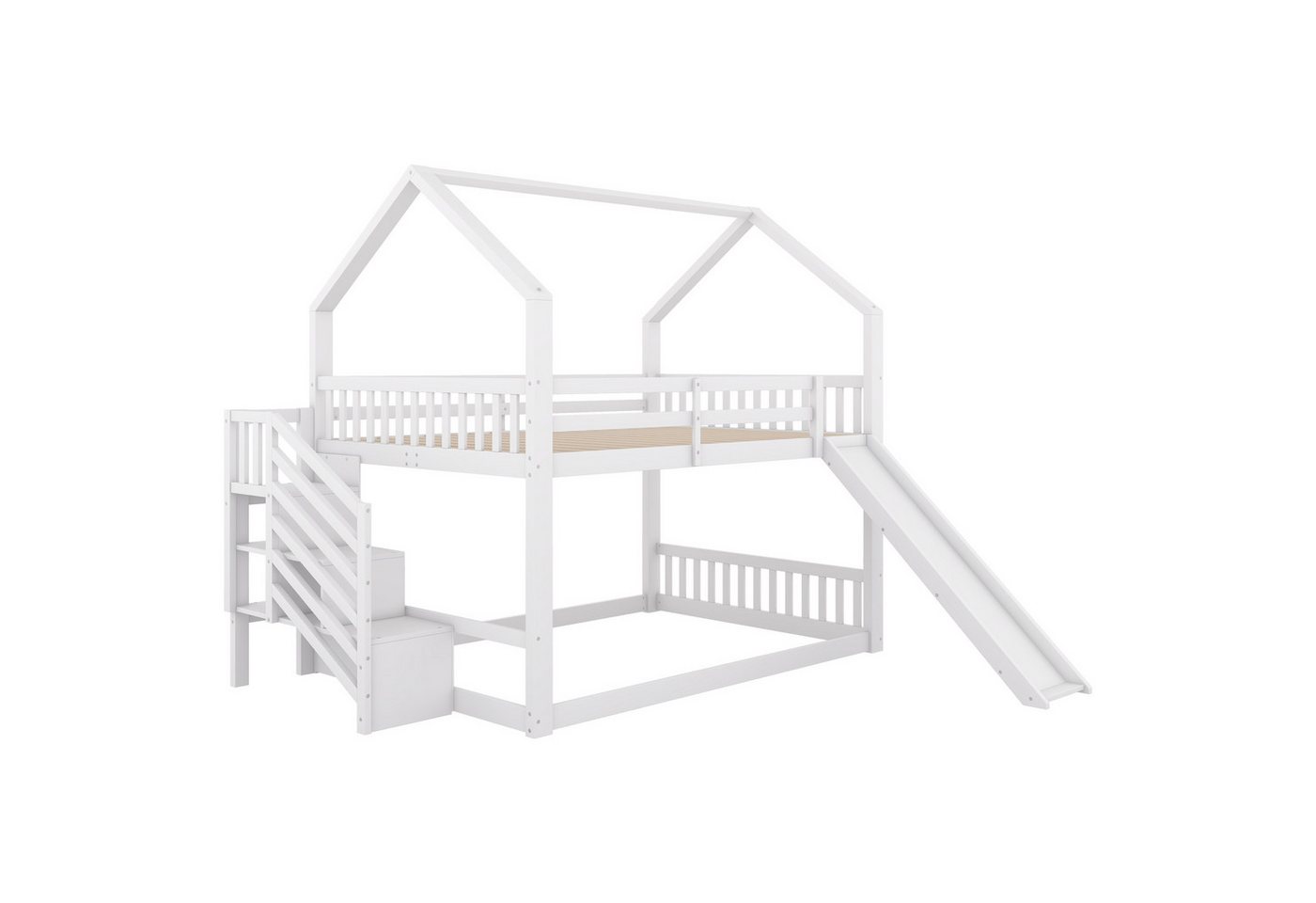 TavilaEcon Etagenbett Kinderbett Jugendbett Hausbett mit Stauraumtreppe und Rutsche, Holzbett mit Geländer, 140x200cm, weiß von TavilaEcon