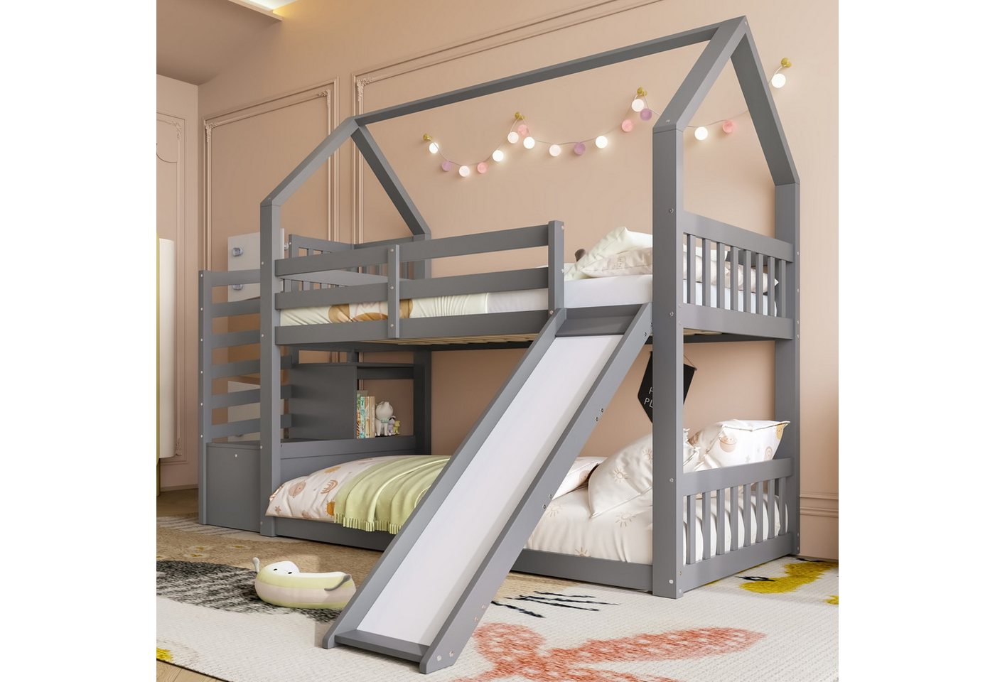 TavilaEcon Etagenbett Kinderbett Jugendbett Hausbett mit Stauraumtreppe und Rutsche, Holzbett mit Geländer, 90x200cm, grau TavilaEcon Etagenbett Kinderbett Jugendbett Hausbett mit Stauraumtreppe und Rutsche, Holzbett mit Geländer, 90x200cm, grau von TavilaEcon