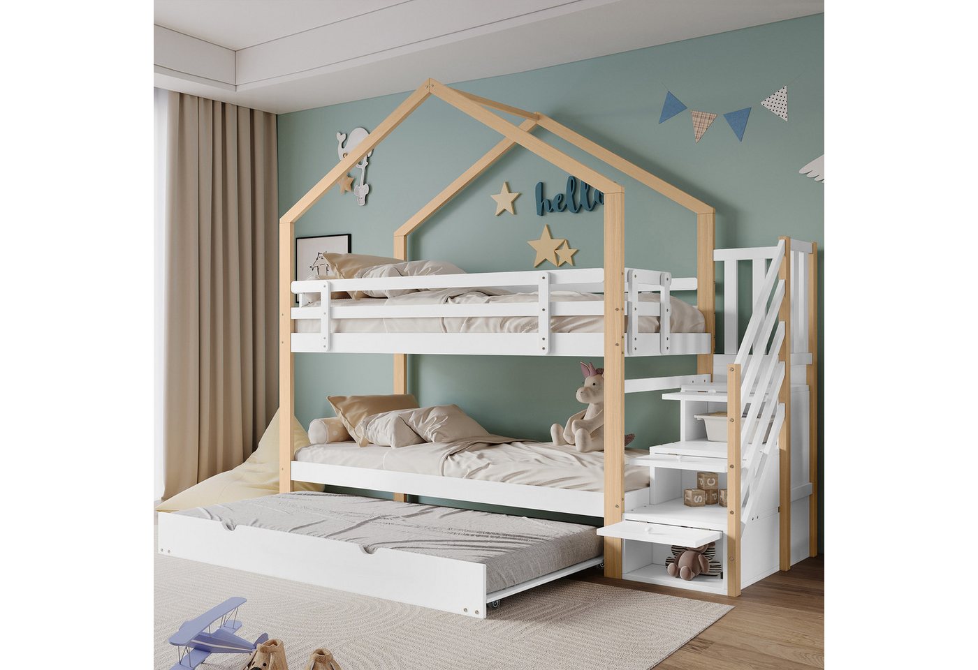 TavilaEcon Etagenbett Kinderbett ausziehbares Baumhausbett Schiebebett,90x200cm&90x190cm, 3 Liegeflächen, Treppe mit 4 Schubladen, Natur+Weiß von TavilaEcon