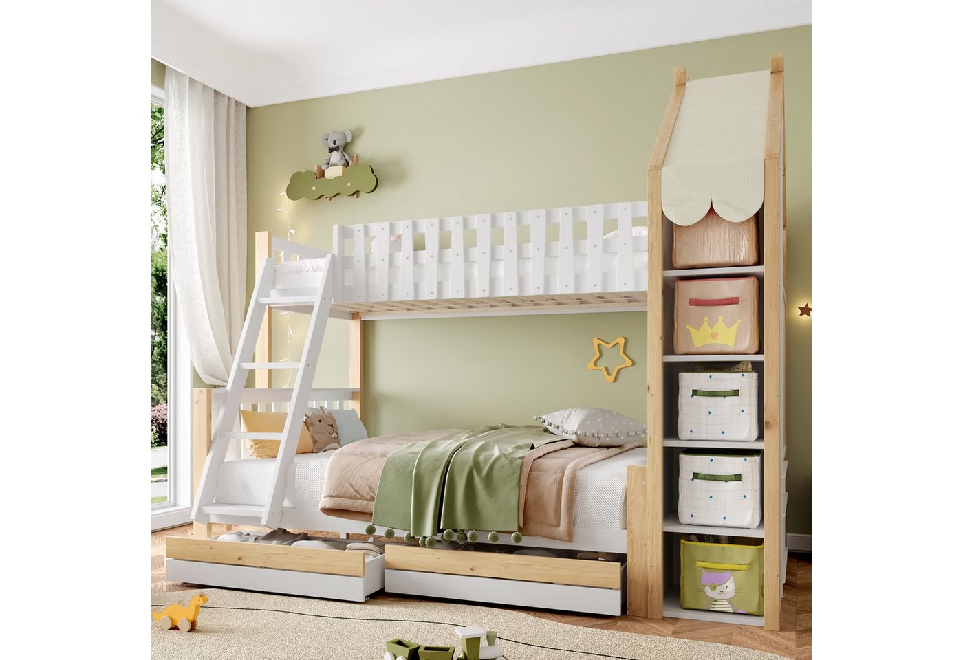 TavilaEcon Etagenbett Kinderbett mit Bettgitter,Stauraumleiter, Hausleiste und 2 Schubladen (1-St), ohne Matratze, 90x200cm+120x200cm, Weiß+ Natur von TavilaEcon