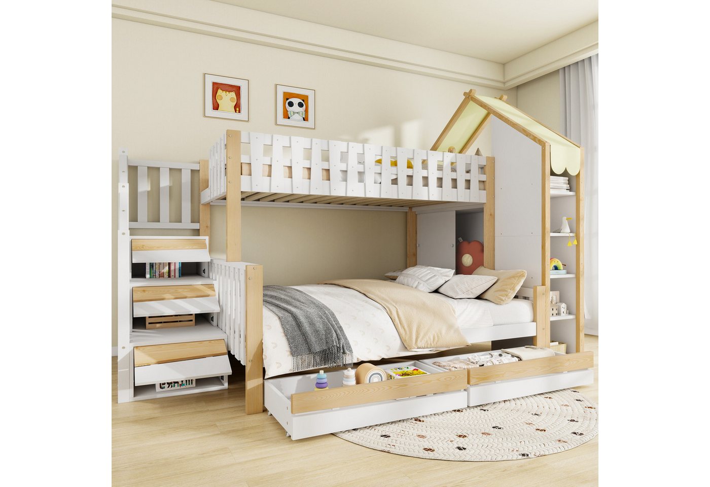 TavilaEcon Etagenbett Kinderbett mit Bettgitter,Stauraumleiter, Hausleiste und 2 Schubladen (1-St), ohne Matratze, 90x200cm+140x200cm, Weiß+ Natur von TavilaEcon