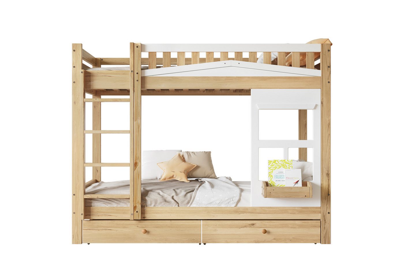 TavilaEcon Etagenbett Kinderbett mit Fenster, Fallschutzgitter, stabiles Geländer, 90x200cm (Ohne Matratze), Zwei Schubladen mit Rollen, Reichlich Stauraum von TavilaEcon