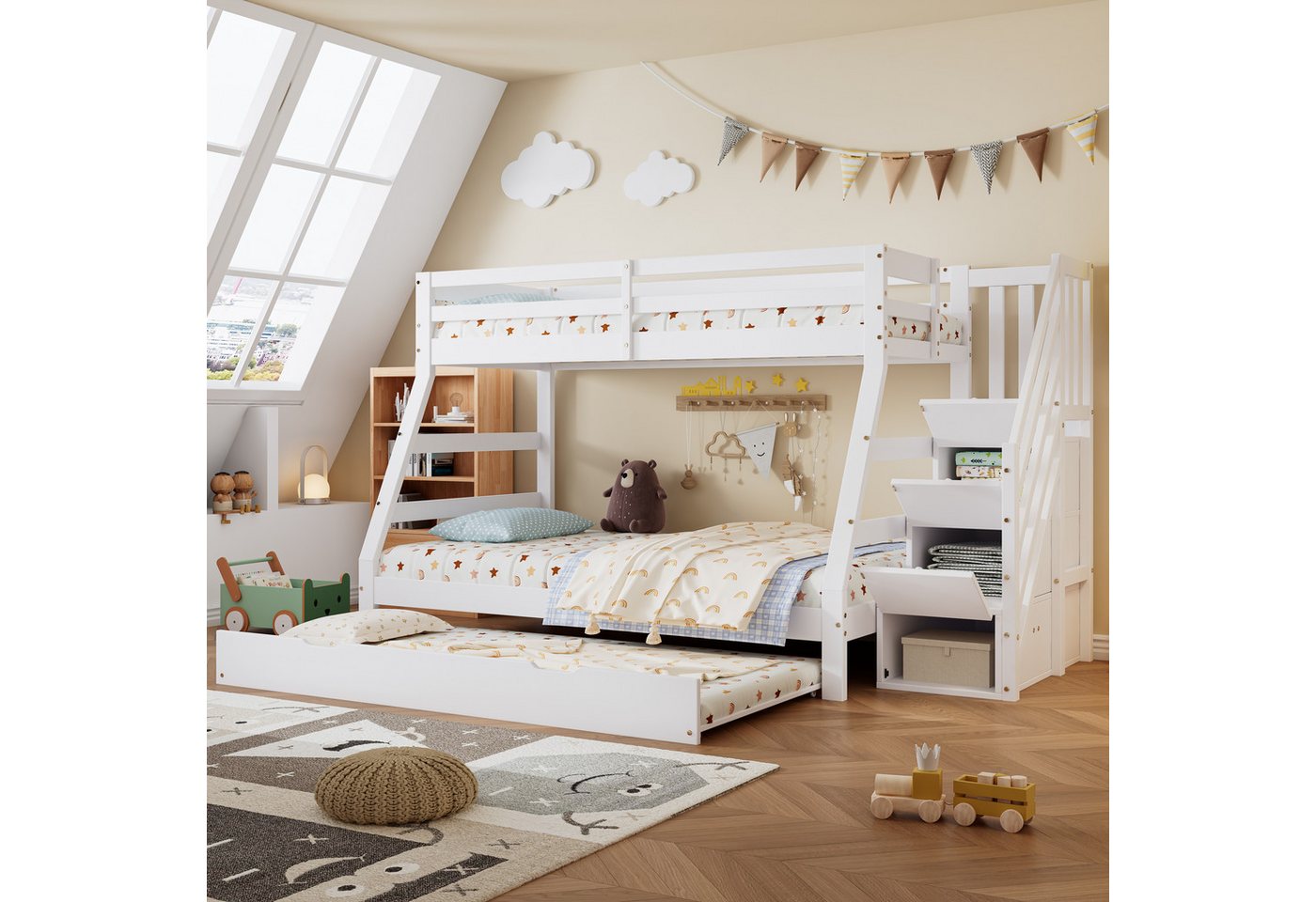 TavilaEcon Etagenbett Kinderbett mit Rollbett, Leiterschrank und Handlauf, mit Fallschutzgitter an allen Seiten, Kiefer+MDF, Weiß von TavilaEcon