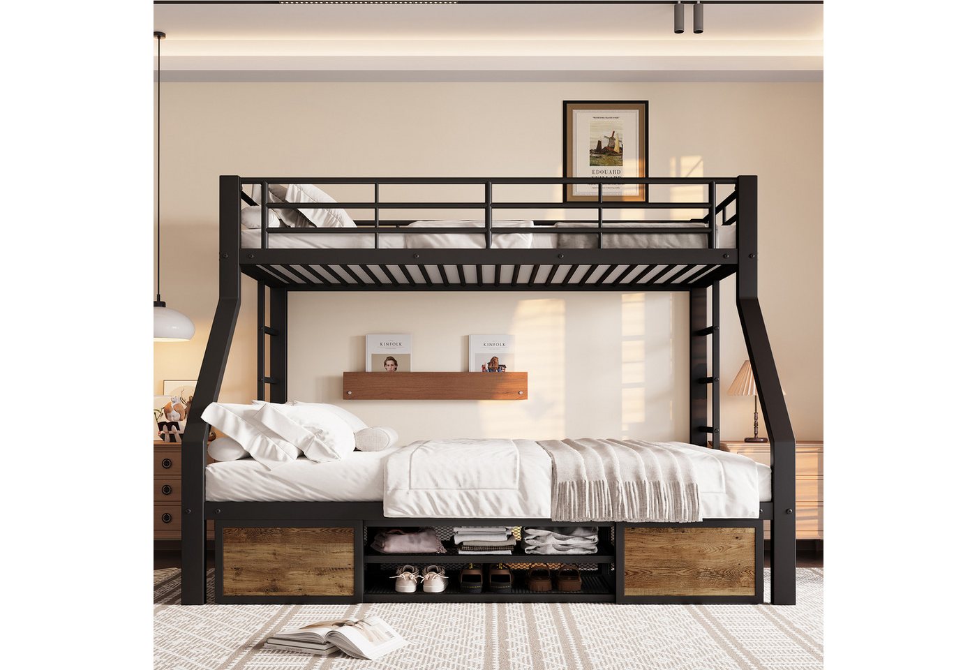 TavilaEcon Etagenbett Kinderbett mit Schuhschrank, Staufächern und Sicherheitsgeländer (1-St), ohne Matratze, 90×200cm&140×200cm, schwarz von TavilaEcon