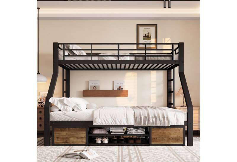 TavilaEcon Etagenbett Kinderbett mit Schuhschrank, Staufächern und Sicherheitsgeländer (1-St), ohne Matratze, 90×200cm&140×200cm, schwarz von TavilaEcon