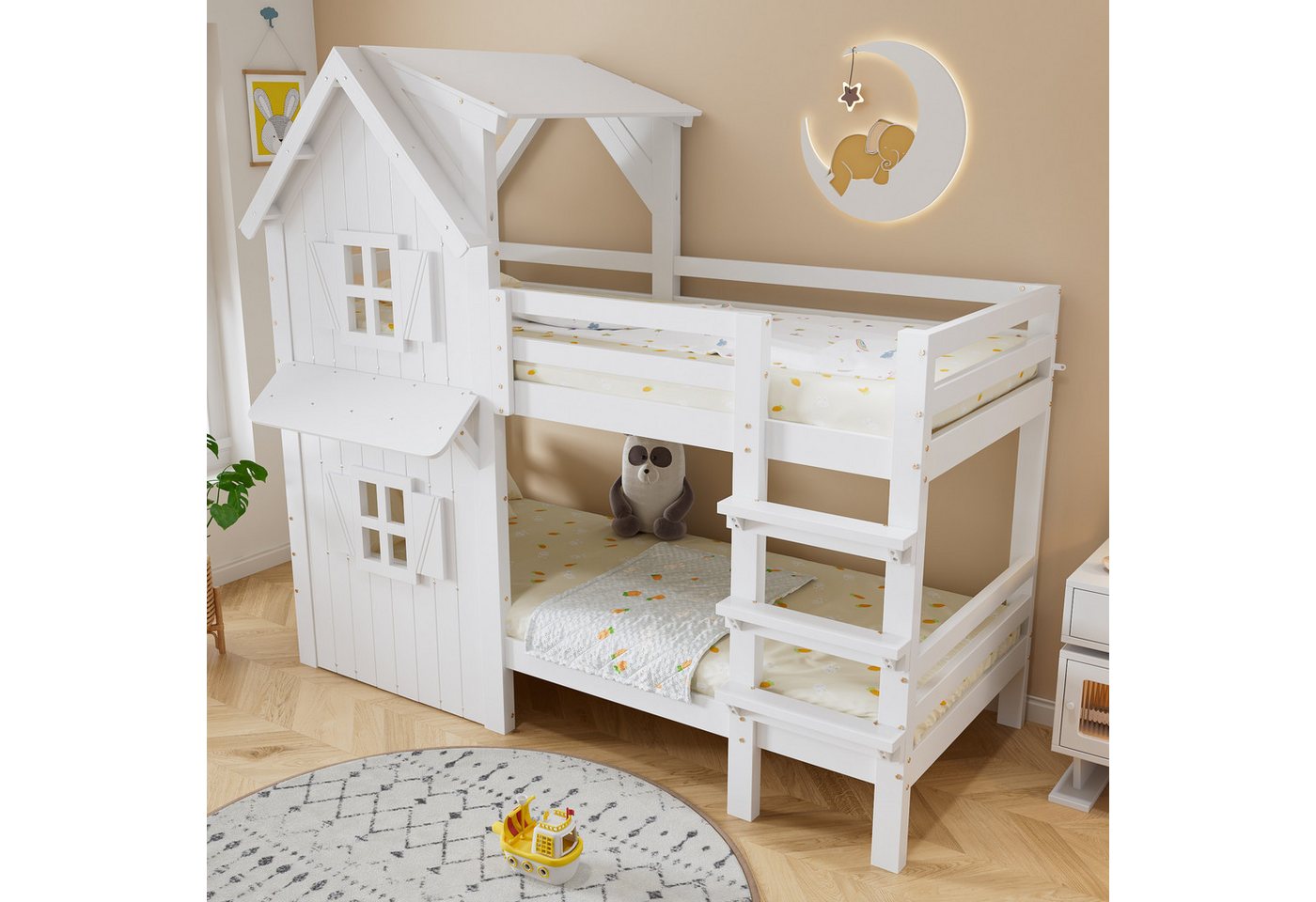 TavilaEcon Etagenbett Kinderbett mit schönem Fenster, Dach & seitlichen Sicherheitsgeländern (1-St), mit dreistufigem geraden Leiter, 90x200cm, weiß von TavilaEcon