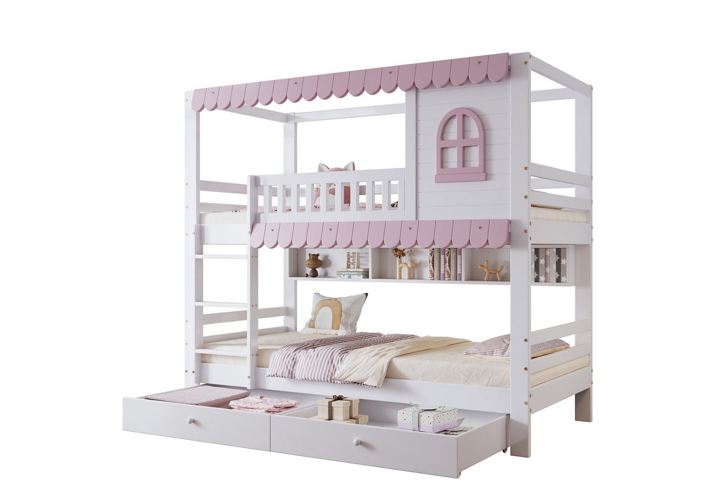 TavilaEcon Etagenbett Mehrzweck-Kinderetagenbett mit Sicherheitsgittern, Fensterdesign (Ohne Matratze), rosa Dachverkleidung, zwei rollbaren Schublade, 90x200cm von TavilaEcon