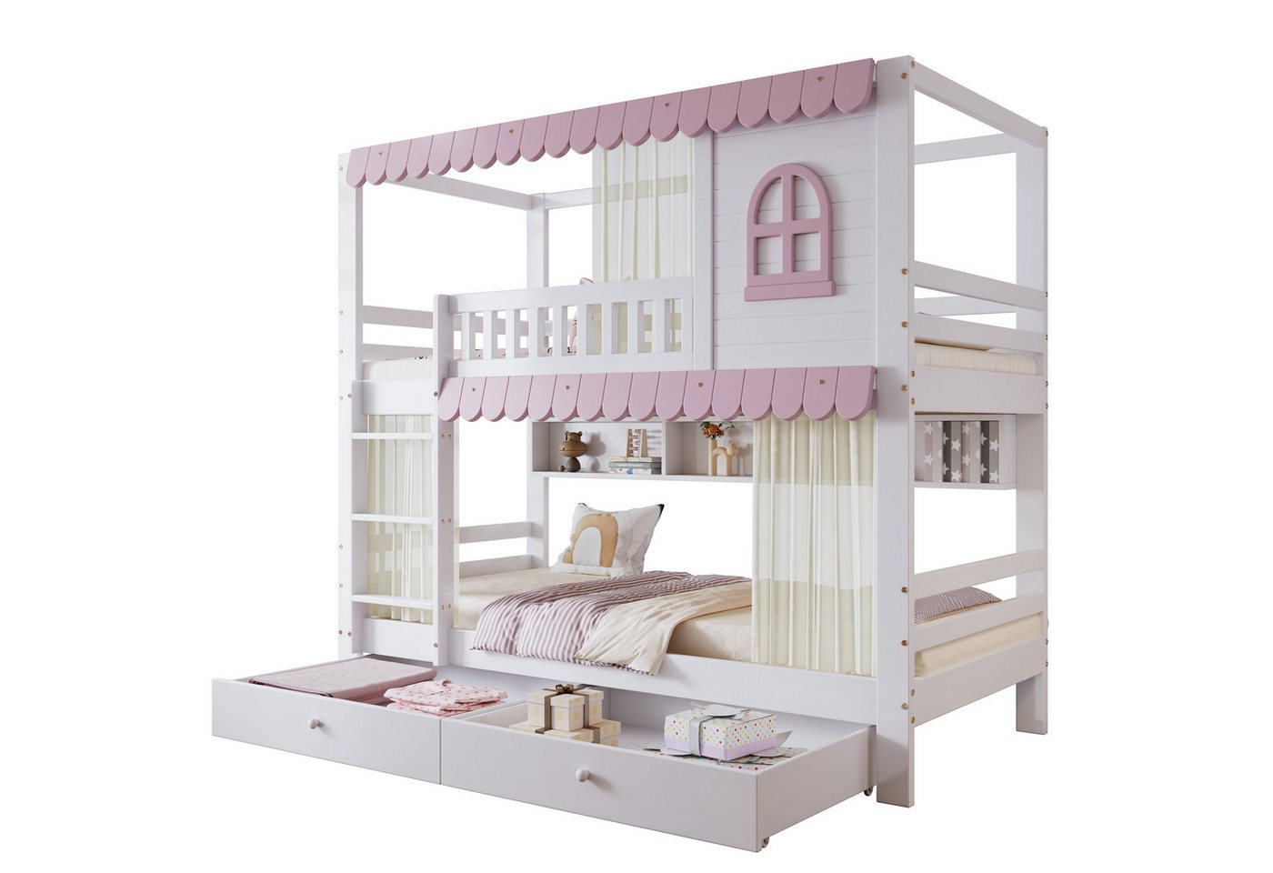 TavilaEcon Etagenbett Mehrzweck-Kinderetagenbett mit Sicherheitsgittern, Fensterdesign (Ohne Matratze), rosa Dachverkleidung, zwei rollbaren Schublade, 90x200cm von TavilaEcon