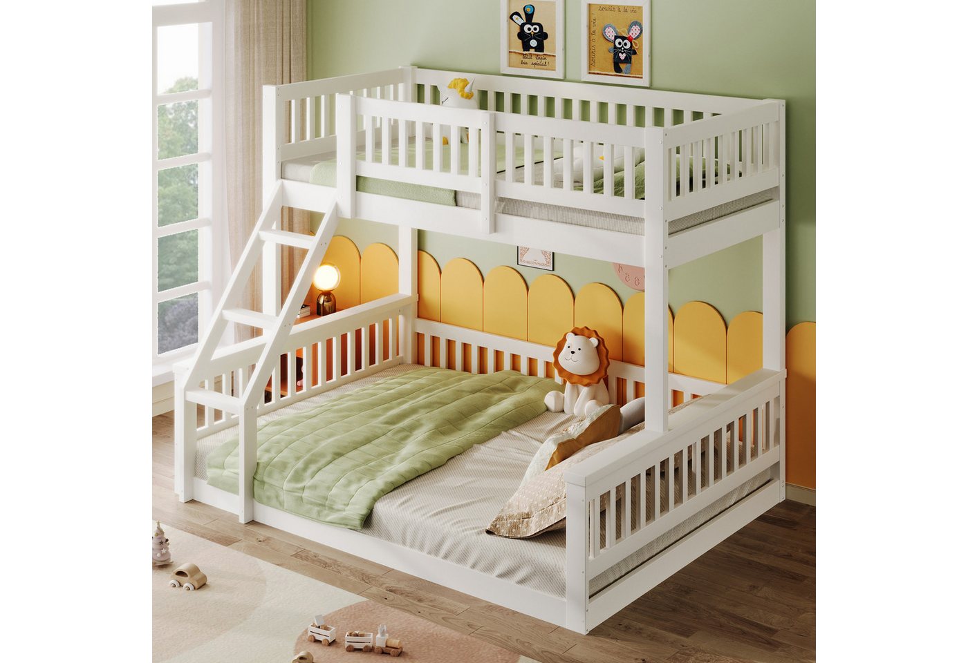 TavilaEcon Etagenbett im einfachen Stil, mit stabilen Geländern & praktischen Stufenleitern (1-St), mit Leiter, ohne Matratze, 90x200cm+140x200cm, Weiß von TavilaEcon