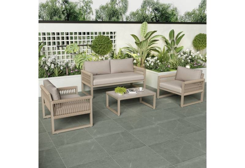 TavilaEcon Gartenlounge-Set Gartenmöbel-Set aus Seil, Lounge-Set mit Sitzkissen, (4-tlg), verstellbaren Füßen, glatter Glasplatte von TavilaEcon
