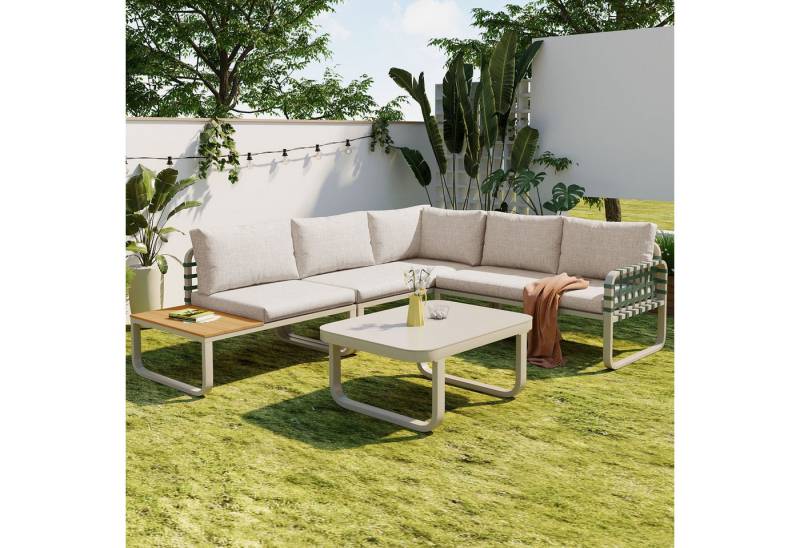 TavilaEcon Gartenlounge-Set Grünes Leder Rattan Gartenmöbel Set (4-5 Sitzer), (1 Tisch und 3 Sofas), inkl. aller Sitz- und Rückenkissen, für Garten und Terrasse, beige von TavilaEcon