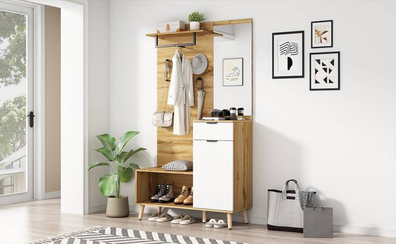 TavilaEcon Hängeschuhschrank Multifunktionales 190 cm hohes Garderobenset Garderobenset in Holzoptik mit Spiegel von TavilaEcon