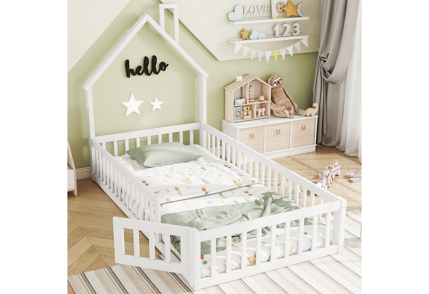 TavilaEcon Hausbett Kinderbett Jugendbett Holzbett mit Schornsteinform (ohne Matratze), Bett mit Lattenrost, Kiefernholz, 90x200cm von TavilaEcon