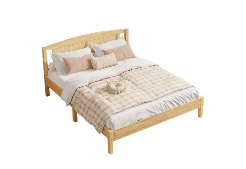 TavilaEcon Hochbett 160x200cm Doppelbett Rattanbett Jugendbett Erwachsenenbett mit Rattannetz Kopfteil, Kiefer + PE-Rattan, Natur von TavilaEcon