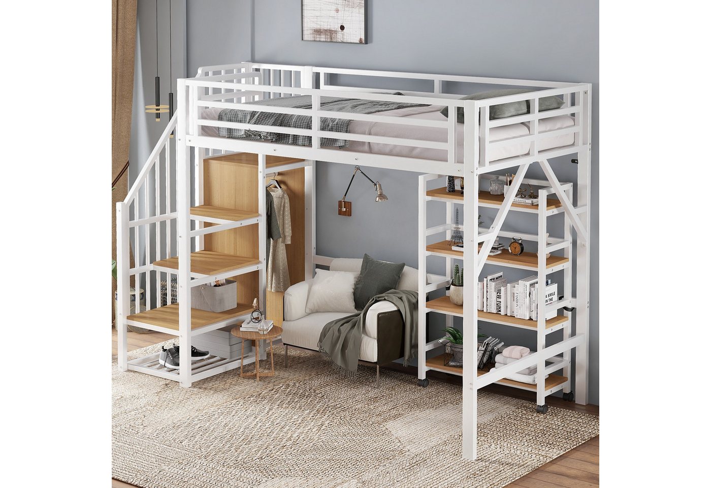 TavilaEcon Hochbett Eisenbett mit Sicherheitsgeländer, aus Eisen + MDF (1-St) vierstöckiges Regal mit Rollen, 90×200cm, Weiß+Natur von TavilaEcon