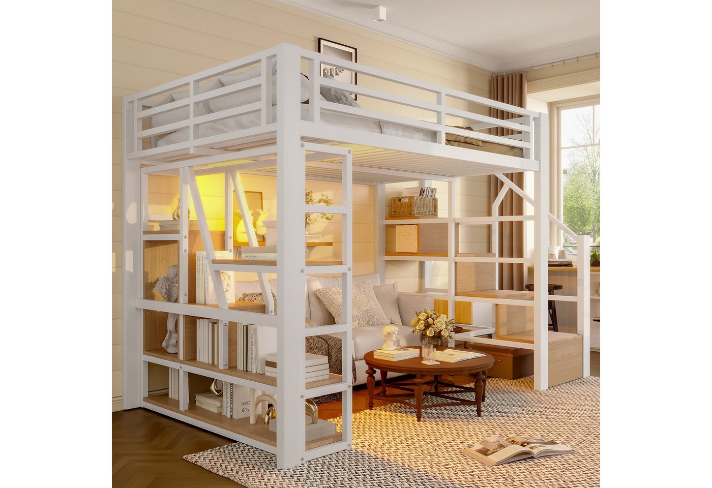 TavilaEcon Hochbett Eisenbett mit robustem Stahlrahmen und mehrstufiger Aufbewahrung (1-St) offener Stauraum unter dem Bett, 140×200cm, weiß von TavilaEcon