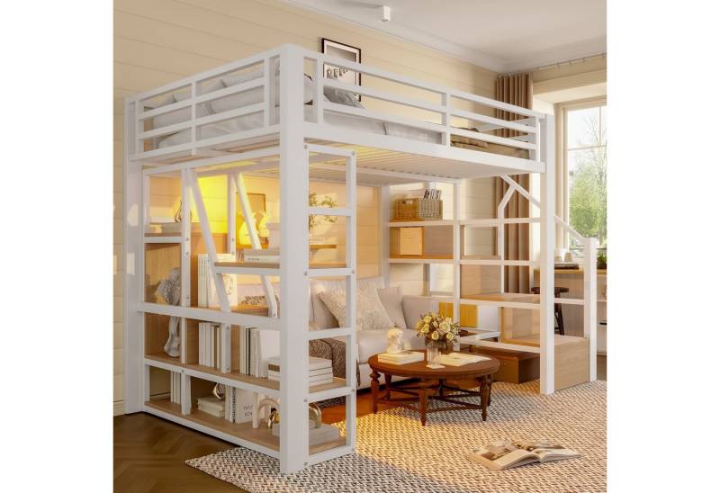 TavilaEcon Hochbett Eisenbett mit robustem Stahlrahmen und mehrstufiger Aufbewahrung (1-St) offener Stauraum unter dem Bett, 140×200cm, weiß von TavilaEcon