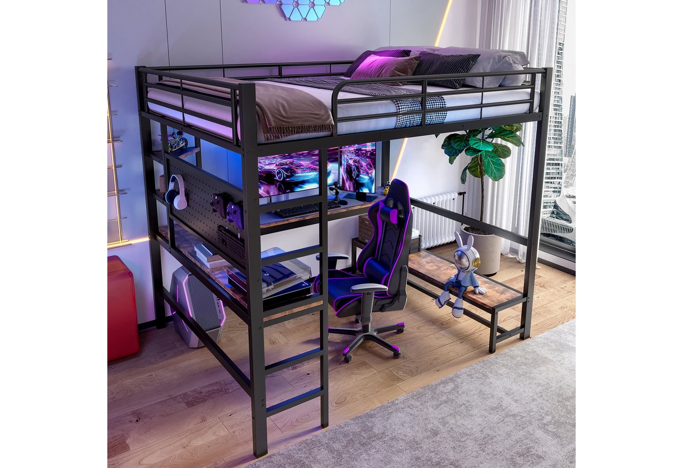 TavilaEcon Hochbett Eisenrahmen, USB-Typ-C-Buchse, LED Leiste, Schreibtisch, ohne Matratze Mehrere Ablagefläche, MDF-Panel, Sicheres Geländer, bequeme Leiter TavilaEcon Hochbett Eisenrahmen, USB-Typ-C-Buchse, LED Leiste, Schreibtisch, ohne Matratze Mehrere Ablagefläche, MDF-Panel, Sicheres Geländer, bequeme Leiter von TavilaEcon