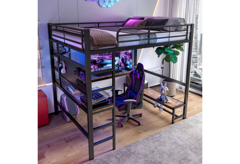 TavilaEcon Hochbett Eisenrahmen, USB-Typ-C-Buchse, LED Leiste, Schreibtisch, ohne Matratze Mehrere Ablagefläche, MDF-Panel, Sicheres Geländer, bequeme Leiter von TavilaEcon