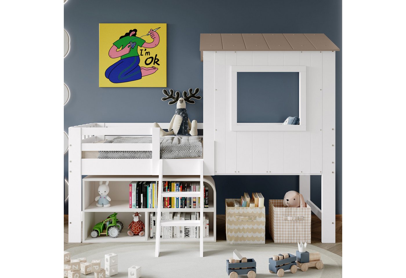 TavilaEcon Hochbett Kinderbett, Halbhohes Bett, Hausbett mit Dach und Fenster (1-St) vierseitiger Zaun, mit kleine Treppe, Freier Stauraum unter dem Bett von TavilaEcon
