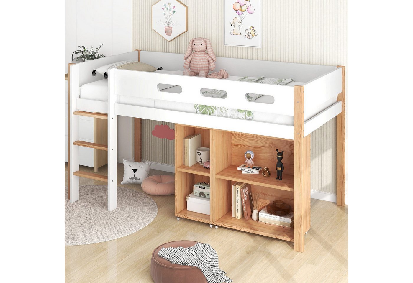 TavilaEcon Hochbett Kinderbett Etagenbett mit Stauraum und beweglichem Schrank (3-St) dreistufiger rechtwinkliger Treppe, 90x200 cm, Natur+Weiß von TavilaEcon