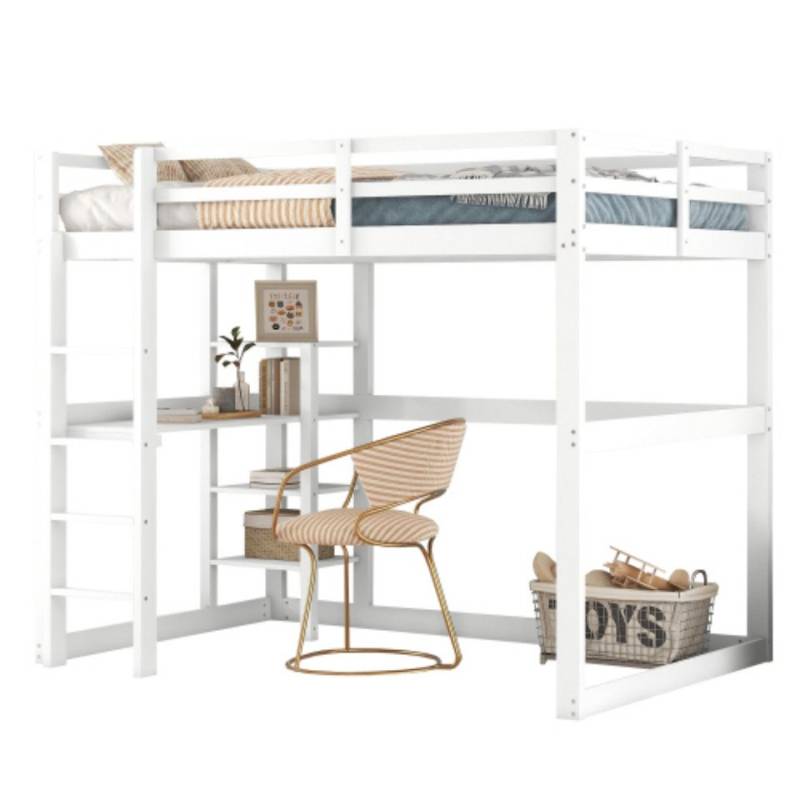 TavilaEcon Hochbett Kinderbett, Jugendbett, Kieferholzbett mit Stauraum, 140 x 200cm mit 4 Ablagefächern und einer Schreibtischplatte von TavilaEcon