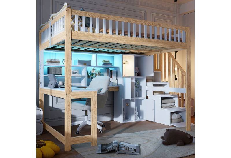 TavilaEcon Hochbett Kinderbett Jugendbett mit Ambientelicht, Ablageleiter, Regalen (Ohne Matratze) Schreibtisch & Fächer, 140x200 cm von TavilaEcon
